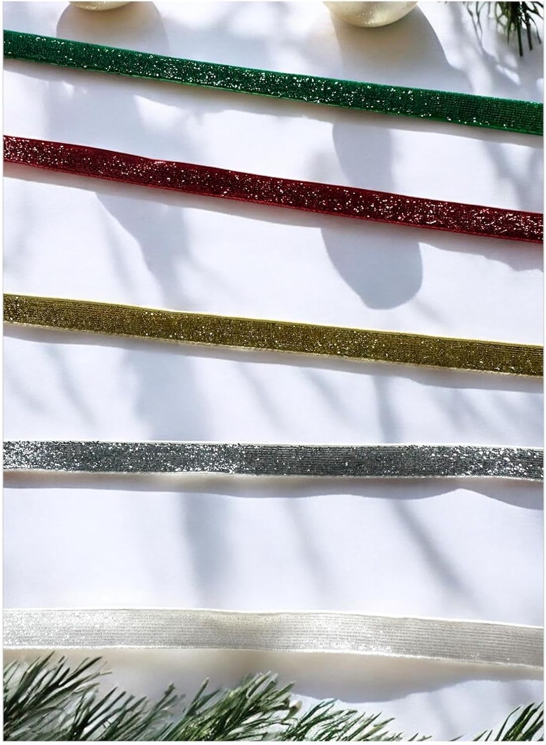 Alternative view of Yılbaşı Glitter Kurdele Seti, Yeşil, Kırmızı, Altın, Gümüş ve Beyaz, Dekoratif Parlak Şeritler, 5 Parça 2 metre (5, simli)