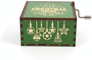 Ahşap Yılbaşı Müzik Kutusu, Merry Christmas Şarkısı Çalan, Çevirmeli Mekanizma, Baba ve Ren Geyiği Tasarımlı, Yeşil, Dekoratif Hediye