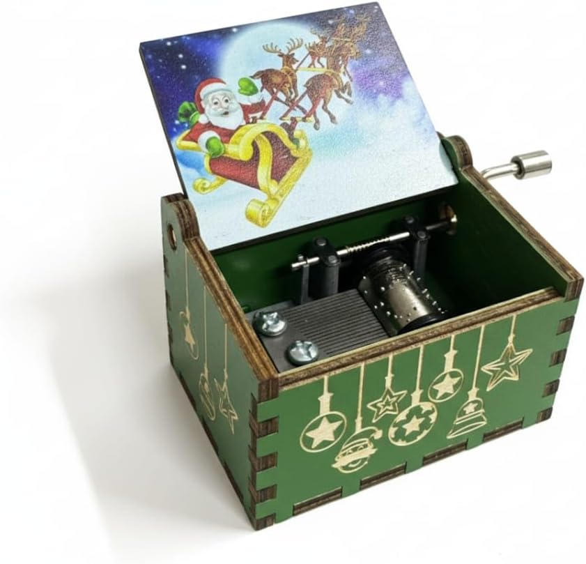 Alternative view of Ahşap Yılbaşı Müzik Kutusu, Merry Christmas Şarkısı Çalan, Çevirmeli Mekanizma, Baba ve Ren Geyiği Tasarımlı, Yeşil, Dekoratif Hediye