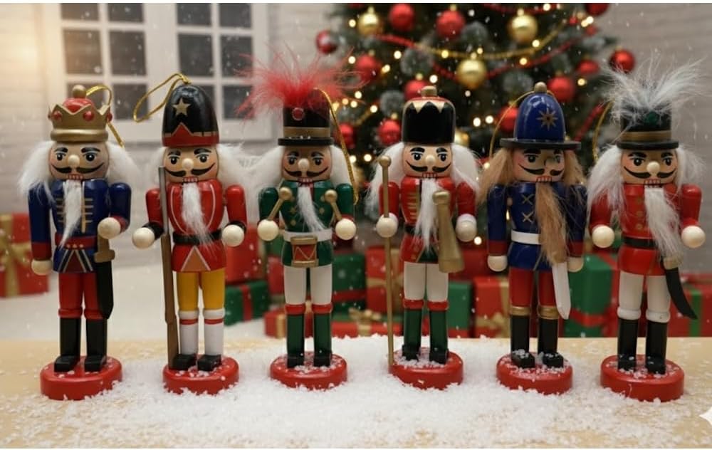 Nutcracker Yılbaşı Hediyesi Olarak İdeal | Premium Ahşap Fındıkkıran Asker Figürleri (6'lı) (13cm)