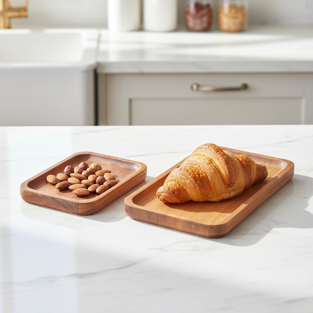 2'li Doğal Akasya Ahşap Dikdörtgen Servis Tabağı ve Çerezlik Seti – 12x9 cm ve 20x11 cm Kahve Yanı Sunumluk, Sushi ve Meze Tepsisi (İkili Takım)