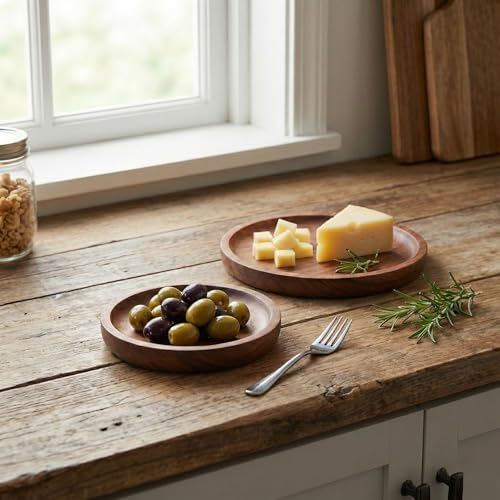 2'li Doğal Akasya Ahşap Yuvarlak Servis Tabağı ve Çerezlik Seti – 12 cm ve 15 cm Kahvaltılık, Sosluk ve Sunum Kasesi (İkili Takım)