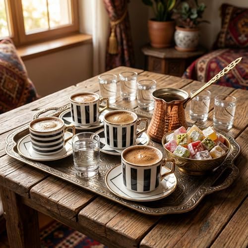 Alternative view of 6 Kişilik Porselen Türk Kahvesi Fincan Takımı – Modern Siyah Beyaz Çizgili ve Altın Yaldız Detaylı 12 Parça Kahve Seti (Hediye Kutulu)