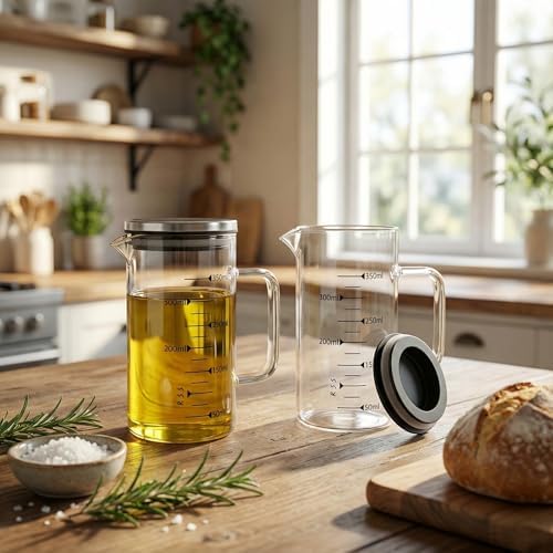 2'li Set Paslanmaz Çelik Kapaklı Borosilikat Cam Yağdanlık ve Ölçü Kabı - 350ml - Dayanıklı Damlatmaz Sosluk, Sütlük ve Mutfak Hazırlık Sürahisi - Şeffaf Modern Tasarım