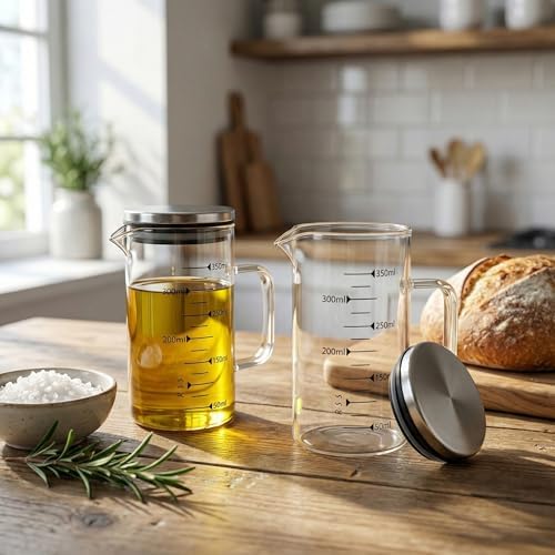 Alternative view of 2'li Set Paslanmaz Çelik Kapaklı Borosilikat Cam Yağdanlık ve Ölçü Kabı - 350ml - Dayanıklı Damlatmaz Sosluk, Sütlük ve Mutfak Hazırlık Sürahisi - Şeffaf Modern Tasarım