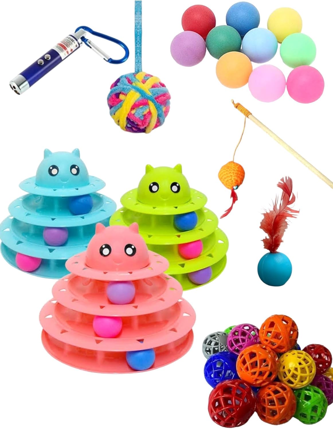 8+1 KEDİ OYUN SETİ: 3 KATLI KEDİ OYUNCAĞI + LAZER +OLTA + YUMAK TOP + ZİLLİ OYUN TOPU + TÜYLÜ OYUN TOPU + 3 ADET PİNPON TOP