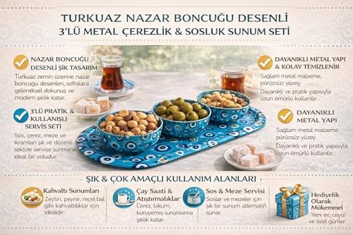 Turkuaz Nazar Boncuğu Desenli 3’lü Metal Çerezlik ve Sosluk Sunum Seti, Dayanıklı Baskılı Servis Tepsili Kahvaltılık, Atıştırmalık ve Lokumluk Kase Takımı, Modern Dekoratif Sofra Sunum Ürünü