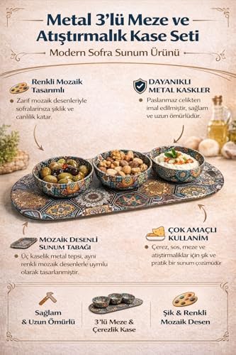 Alternative view of Metal 3’lü Meze ve Atıştırmalık Kase Seti,Renkli Mozaik Desenli Sunum Tabağı ile, Dayanıklı Çerezlik Sosluk Seti, Modern Sofra Sunum Ürünü