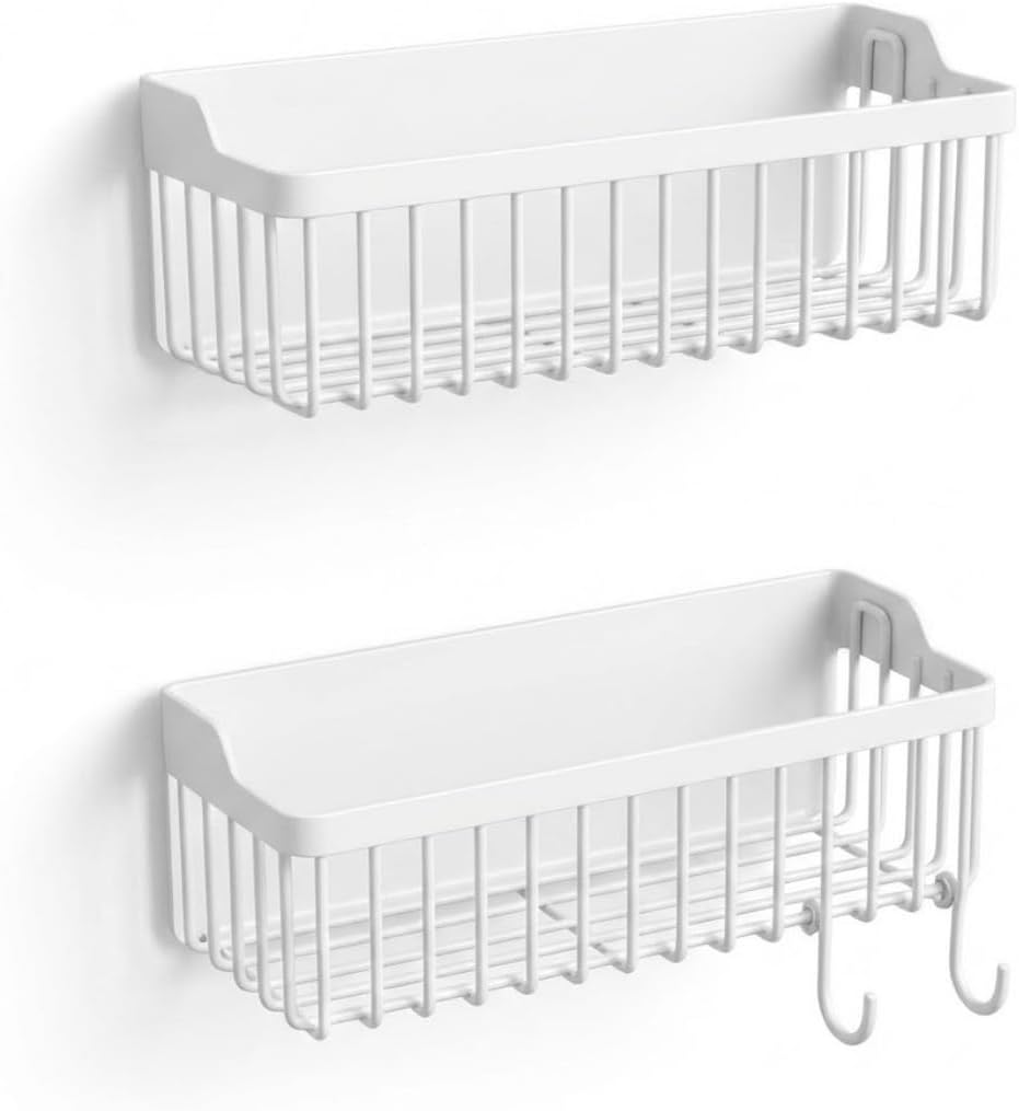 Delmeden Yapışkanlı Plastik Banyo Rafı – Askılı Duş Organizeri, Su Tahliyeli Şampuanlık (2’li Set – 25 cm)