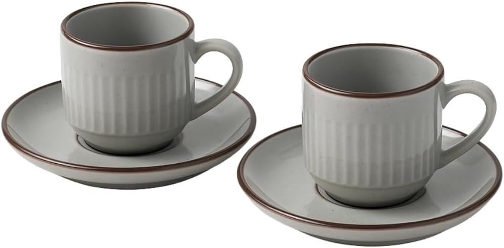 2'li Set Çizgili Seramik Fincan Takımı | Mat Kahverengi Beyaz Rustik Espresso & Türk Kahvesi Fincanı | Çift Kişilik Kulplu Servis Seti | Modern Ev ve Kafe Stili