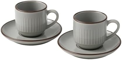 Alternative view of 2'li Set Çizgili Seramik Fincan Takımı | Mat Kahverengi Beyaz Rustik Espresso & Türk Kahvesi Fincanı | Çift Kişilik Kulplu Servis Seti | Modern Ev ve Kafe Stili