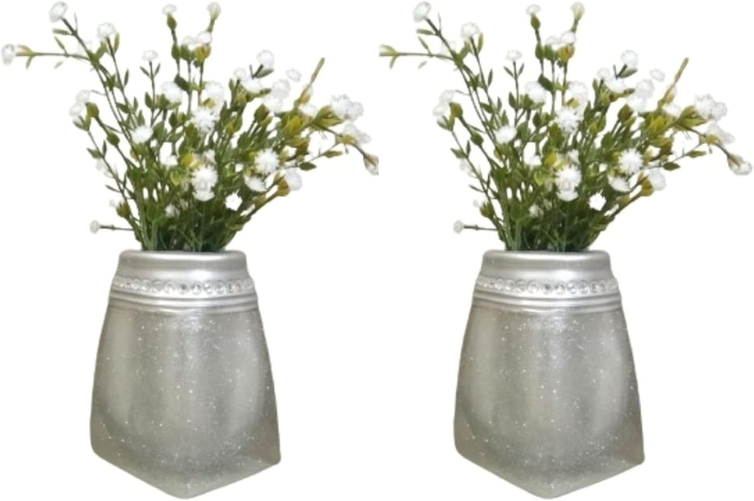 2 ADET DAHİL,VAZODA ÇİÇEK,BEYAZ YAPAY ÇİÇEK, DEKORATİF KRİSTAL TAŞLI GÜMÜŞ POLİRESİN 7X7X15CM
