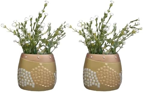 2 ADET DAHİL,VAZODA ÇİÇEK,BEYAZ YAPAY ÇİÇEK, DEKORATİF ALTIN MOZAİK POLİRESİN 10X15X5CM