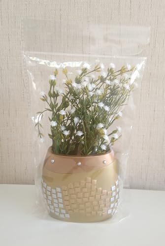 Alternative view of 2 ADET DAHİL,VAZODA ÇİÇEK,BEYAZ YAPAY ÇİÇEK, DEKORATİF ALTIN MOZAİK POLİRESİN 10X15X5CM