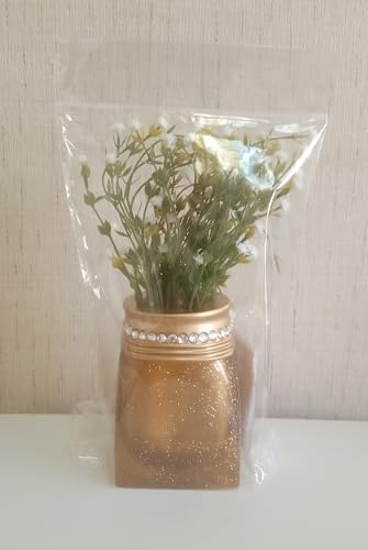 2 ADET DAHİL,VAZODA ÇİÇEK,BEYAZ YAPAY ÇİÇEK, DEKORATİF TAŞLI ALTIN POLİRESİN 7x7x15cm