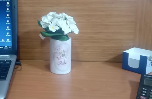2 ADET DAHİL,VAZODA ÇİÇEK,BEYAZ YAPAY ÇİÇEK, DEKORATİF BAHAR DESENLİ 7X7X16CM