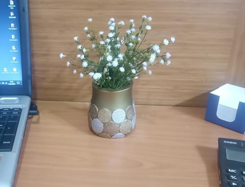 2 ADET DAHİL,VAZODA ÇİÇEK,BEYAZ YAPAY ÇİÇEK, DEKORATİF ALTIN PUANLI POLİRESİN 9X9X15CM