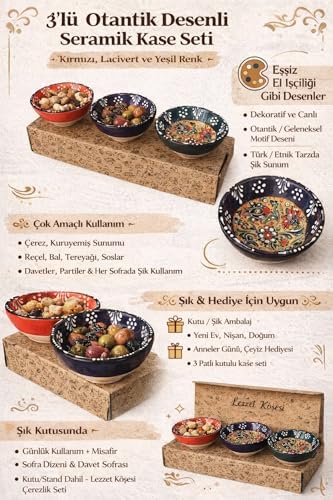 Kabartma Desenli El Boyaması Seramik Kase Seti, 3’lü Renkli Çini Motifli Dekoratif Sunum Kaseleri, Kahvaltı, Meze, Çerez ve Servis İçin Çok Amaçlı El Yapımı Kase Takımı