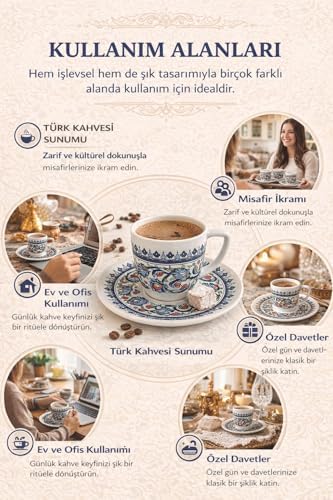 Türk Kahvesi Fincanı ve Tabak Seti,Seramik Çift Parça Kahve Takımı,El İşi İznik Desenli,Geleneksel Çini Motifli Dekoratif Sunum Fincanı,Misafir Sunumları ve Hediye Seçenekleri İçin Özel Tasarım