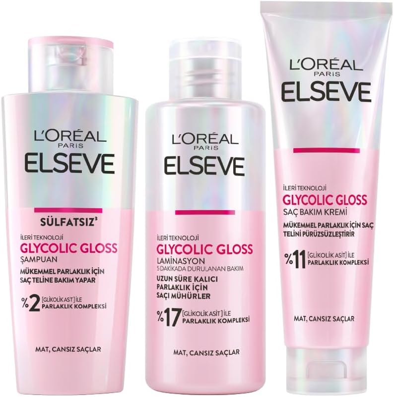 Elseve Glycolic Gloss Parlaklık Veren Saç Bakım Rutini Seti: Şampuan, Saç Kremi, Bakım Spreyi