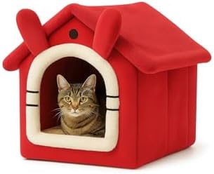 Kedi Evi Yumuşak Kedi Yatağı | Peluş Derin Uyku Evi, Çıkarılabilir Minderli, Isı Yalıtımlı Kışlık Ev | Katlanır Kedi Evi (Kırmızı)