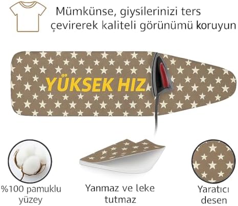 Greenline Ütü Masası Kılıfı, Keçeli Yanmaz, Pamuklu, Kahverengi, Yıldız Desenli, 145x56 cm, Battal Boy XXL