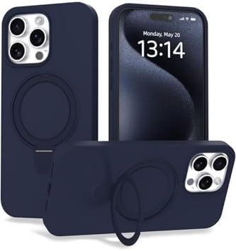 - 15 Pro Max ile uyumlu Kılıf ile uyumlu Halkalı Standlı içi Kadife Yumuşak Renkli Silikon Kapak - Lacivert