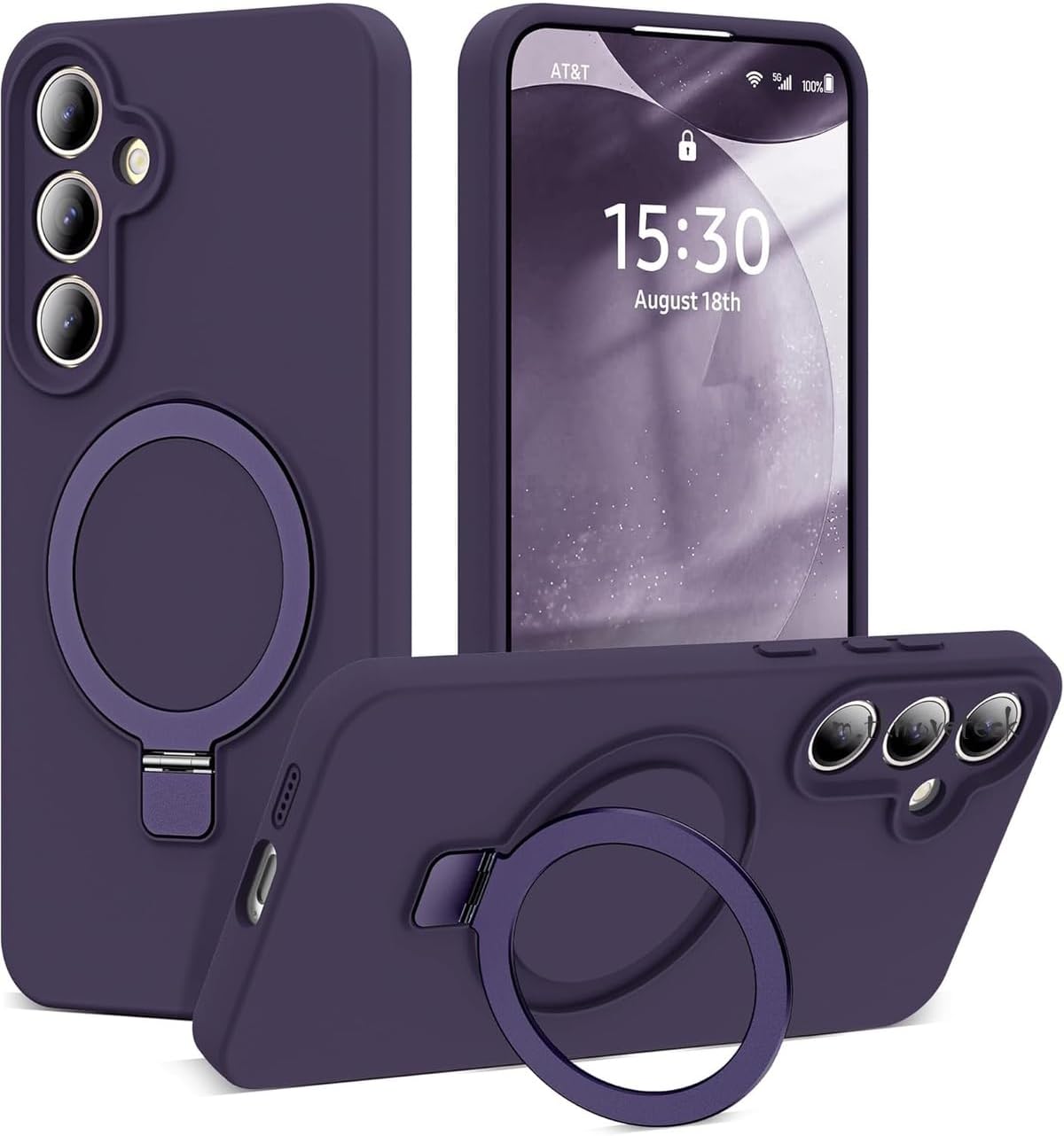 Alternative view of - Galaxy A55 ile uyumlu Kılıf ile uyumlu Halkalı Standlı içi Kadife Yumuşak Renkli Silikon Kapak - Derin Mor