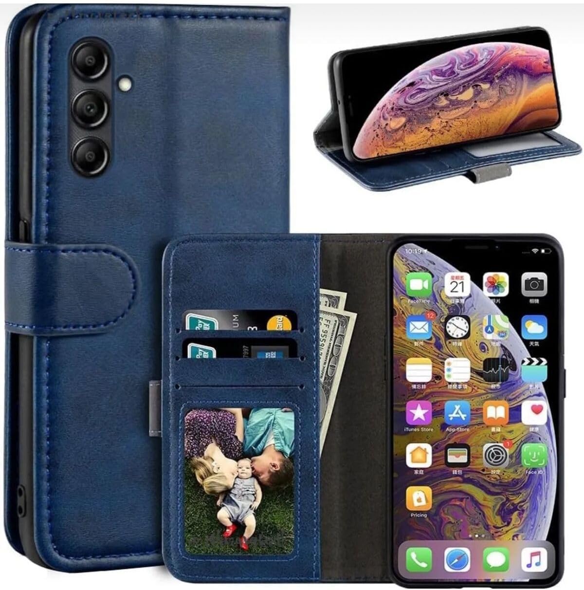 Alternative view of - Galaxy S25 FE ile uyumlu Kılıf 360 Tam Kaplar Deri Dokulu Kapaklı Cüzdan Standlı Kartvizitli Kapak - Lacivert