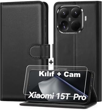 - 15T Pro ile uyumlu Mi Kılıf 360 Tam Kaplar Deri Kapaklı Cüzdan Standlı Kartvizitli + Ekran Koruyucu Cam