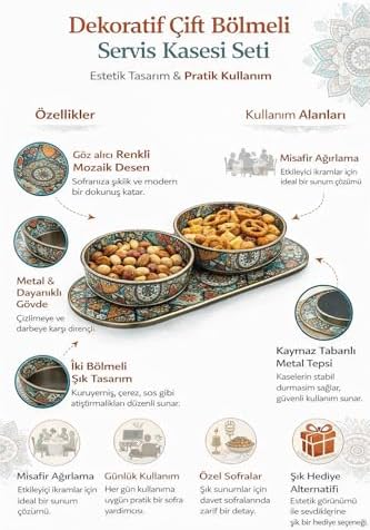 Metal Mozaik Desenli 2’li Servis Kasesi Seti, Çift Bölmeli Meze, Sos ve Kuruyemiş Sunum Kabı, Kaymaz Metal Servis Tepsili, Şık ve Dayanıklı Sofra Aksesuarı, Ev, Misafir Sunumlarına Uygun