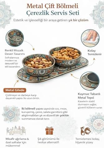 Alternative view of Metal Mozaik Desenli 2’li Servis Kasesi Seti, Çift Bölmeli Meze, Sos ve Kuruyemiş Sunum Kabı, Kaymaz Metal Servis Tepsili, Şık ve Dayanıklı Sofra Aksesuarı, Ev, Misafir Sunumlarına Uygun