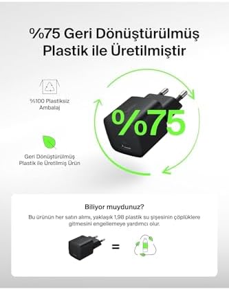 USB-C 25 W PD 3.0 PPS Hızlı Şarj Cihazı, Siyah