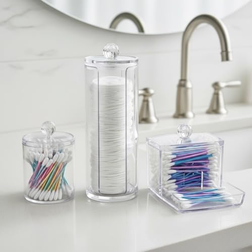 Kristal Görünümlü 3'lü Makyaj Organizeri ve Pamukluk Seti – Şeffaf Akrilik Banyo Düzenleyici, Kapaklı Kulak Çubuğu ve Makyaj Pamuğu Saklama Kutusu – Şık Kozmetik Standı