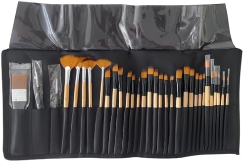 Siyah Çantalı 32 Adet Fırçadan Oluşan Sanat Seti Guaj Akrilik Yağlı Boya Sulu Boyaya Uygun Cırt Bantlı Fırça Bölmeli Çantalı