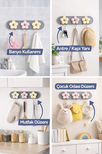 Alternative view of Çiçek Tasarımlı Duvar Askısı, 3’lü Metal Kanca Seti, Dekoratif Renkli Kapı ve Duvar Askısı, Mutfak, Banyo, Yatak Odası İçin Organizer Askı,