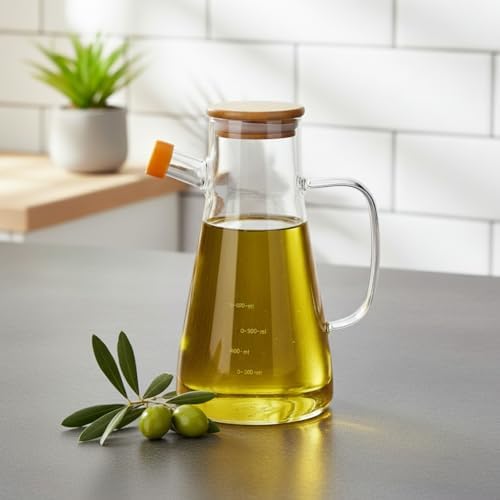 1 Adet 900 ML Bambu Kapaklı Borosilikat Cam Yağlık ve Sirkelik, Dayanıklı ve Ölçekli Tasarım, Damlatmaz Ağızlı Modern Mutfak Sosluk Şişesi