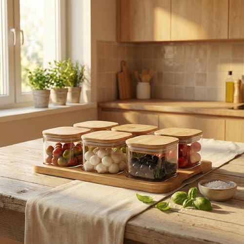 AmberHaus 6'lı Bambu Kapaklı Cam Kahvaltılık Seti | Ahşap Standlı (36x23 cm) | Şık Tezgah Üstü Baharat ve Kuruyemiş Düzenleyici Kavanoz