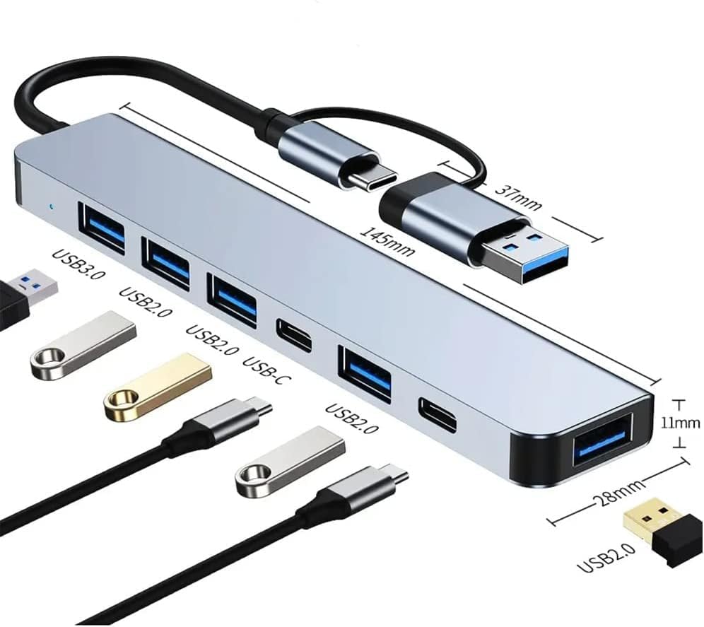 7'si 1 Arada USB Hub, Çift Girişli USB A ve Type-C Adaptör, 5 Gbps USB 3.0, Alüminyum Gövde, Laptop ve Uyumlu