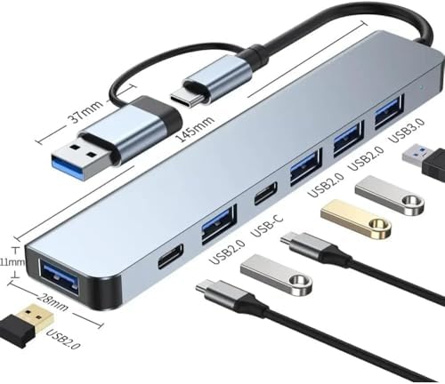 Alternative view of 7'si 1 Arada USB Hub, Çift Girişli USB A ve Type-C Adaptör, 5 Gbps USB 3.0, Alüminyum Gövde, Laptop ve Uyumlu