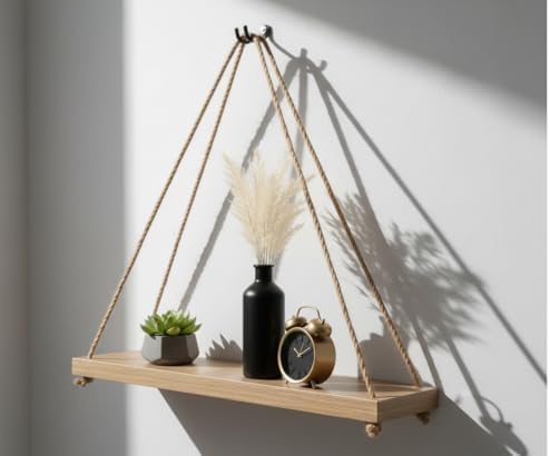 Alternative view of Tekli Duvar Rafı, Ahşap Asma Raf, Halat Askılı Dekoratif Duvar Rafı, Minimalist Tasarım
