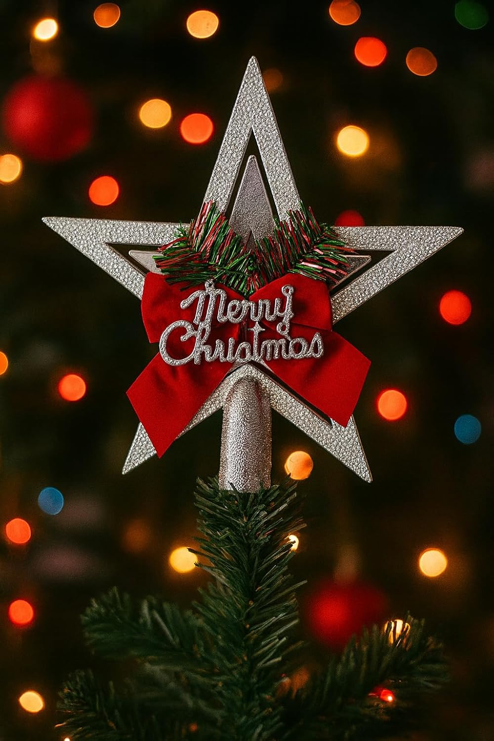 Alternative view of Yılbaşı Ağacı Yıldızı Kurdelalı Merry Christmas Yazılı Yılbaşı Süsü Gümüş