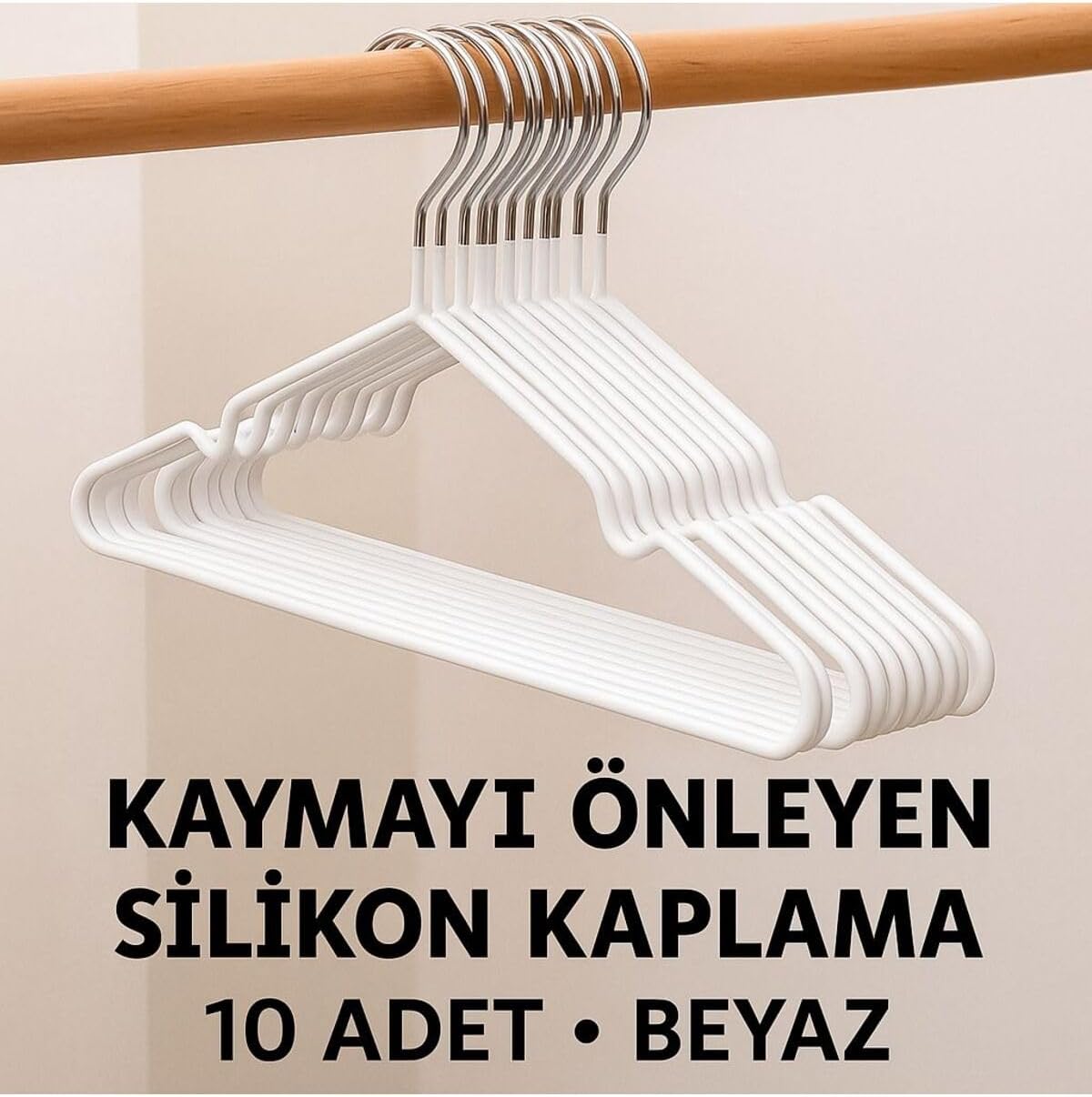 10 Adet Kaydırmaz Silikon Kaplamalı Elbise Askısı Dolap İçi Düzenleyeci 40cm, Beyaz