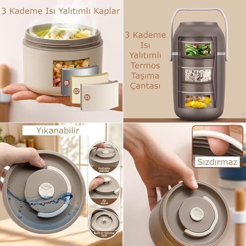 Alternative view of 3 Katmanlı Isı Yalıtımlı Termos Yemek Kabı Seti – 304 Paslanmaz Çelik, Sızdırmaz 3 Gözlü