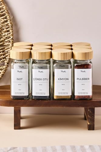 Raul Bamboo 120 ml 12’li Bambu Kapaklı Etiketli Cam Kare Formlu Baharatlık Seti