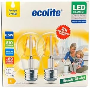 Alternative view of 6,5W LED Filament Ampul E27 | 60W Eşdeğer | 2700K Sarı Işık | 810 Lümen | 2’li Paket | Enerji Sınıfı E