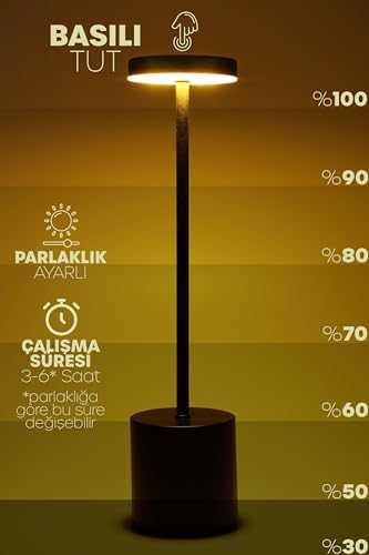 Şarjlı Masa Lambası Metal Dokunmatik 3 Işık Parlaklık Ayarlı Gece Masa Üstü Lamba (Siyah)
