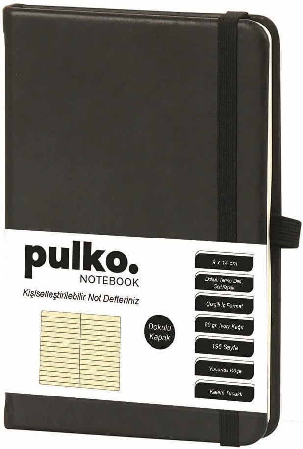 PULKO Notebook Klasik, 196 Sayfa, Termo Deri Kapak, Çizgili Not Defteri, 9x14cm, 036, Siyah