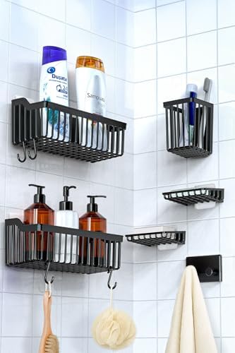 6'Lı Banyo Seti Yapışkanlı Banyo Düzenleyici Şampuanlık Diş Fırçalık Sabunluk Askılık Takımı Siyah