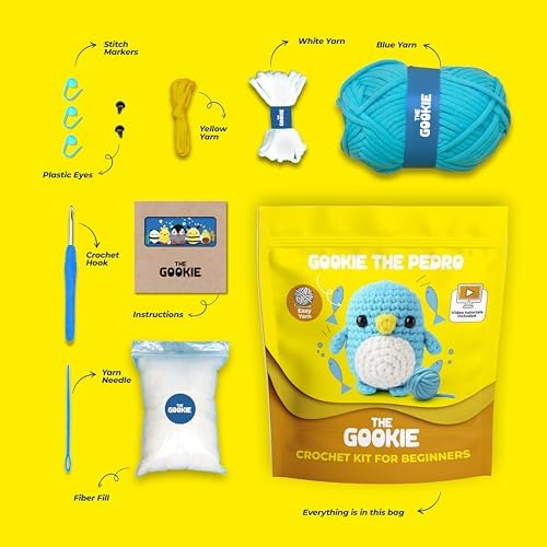 The Gookie Başlangıç Amigurumi Seti, Pedro Örgü Oyuncak, Tığ İşi El Yapımı Kit, Mavi ve Beyaz İplikli, Video Eğitimli